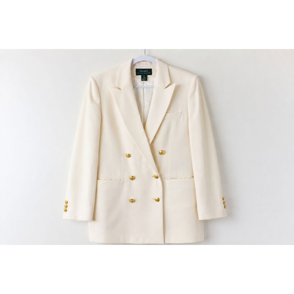 Lauren Ralph Lauren Ivory Wool Blazer Size 12 Gold Button Double Breasted USA